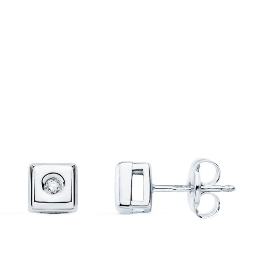 18K Pendientes Chaton Cuadrado Oro Blanco Diamantes 0,040 Qts. G-Vs2 Cierre Presion 5,5 Mm