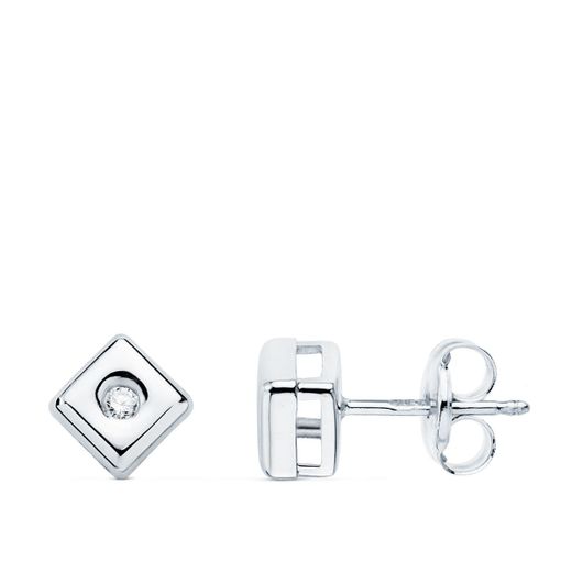 18K Pendientes Chaton Cuadrado Oro Blanco Diamantes 0,040 Qts. G-Vs2 Cierre Presion 5,5 Mm