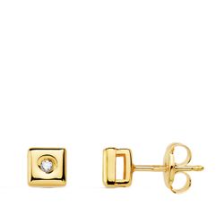 18K Pendientes Chaton Oro Amarillo Cuadrado Diamantes 0,030 Qts.G-Vs2 Cierre Presion 5Mm