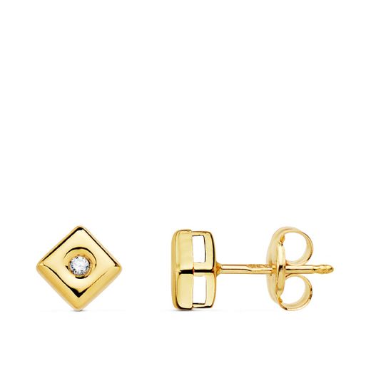 18K Pendientes Chaton Oro Amarillo Cuadrado Diamantes 0,030 Qts.G-Vs2 Cierre Presion 5Mm