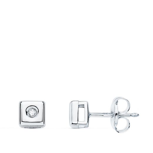 18K Pendientes Chaton Oro Blanco Cuadrado Diamantes 0,030 Qts. G-Vs2 Cierre Presion 5 Mm