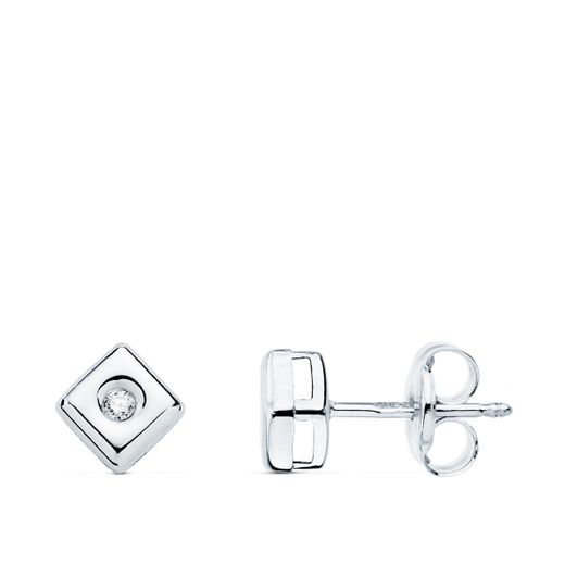 18K Pendientes Chaton Oro Blanco Cuadrado Diamantes 0,030 Qts. G-Vs2 Cierre Presion 5 Mm
