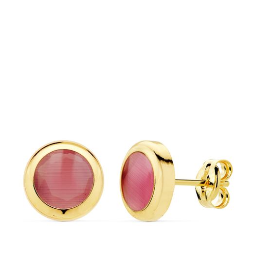 18K Pendientes Chaton Piedra Rosa 8.5 Mm Cierre Presion