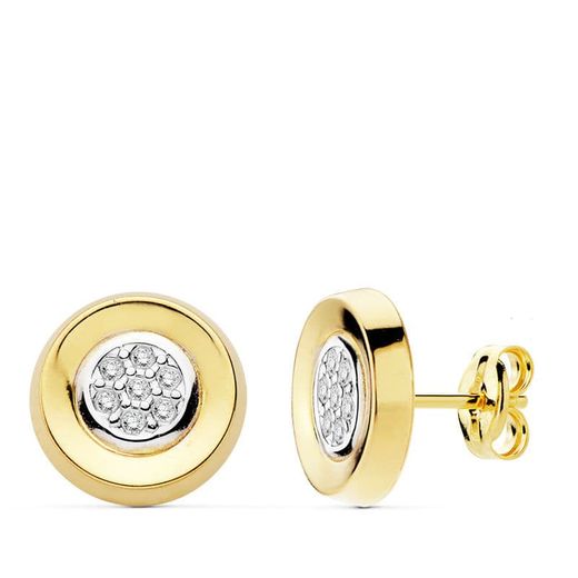 18K Pendientes Circonita Redondos Oro Amarillo 10 Mm Cierre Presion
