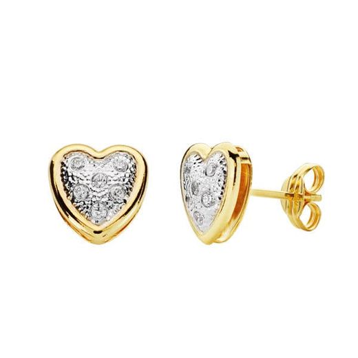 18K Pendientes Corazon Circonita Oro Bicolor 8X8 Mm Cierre Presion