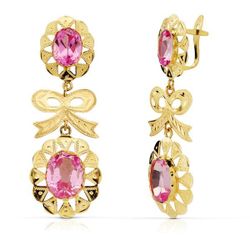 18K Pendientes Cubana Lazo Piedra Rosa 43X15 Mm. Cierre Catalan