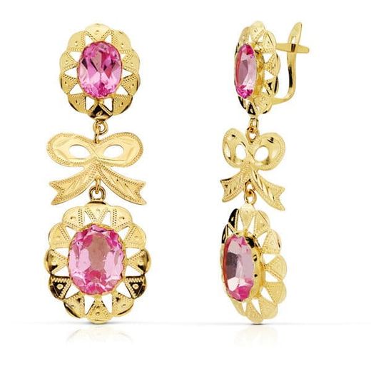 18K Pendientes Cubana Lazo Piedra Rosa 43X15 Mm. Cierre Catalan