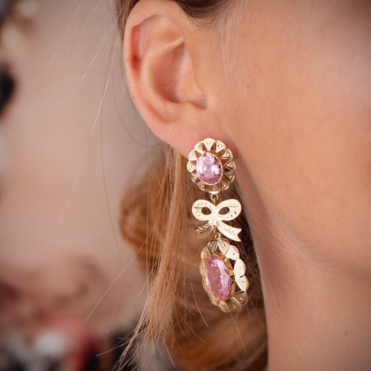 18K Pendientes Cubana Lazo Piedra Rosa 43X15 Mm. Cierre Catalan