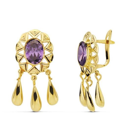 18K Pendientes Cubanas Amatista Oro Amarillo 25X12 Mm Cierre Catalan