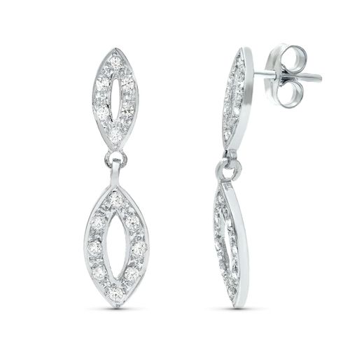 18K Pendientes Dos Cuerpos Oro Blanco Juego Novia Circonita 25X6 Mm Presion
