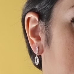 18K Pendientes Dos Cuerpos Oro Blanco Juego Novia Circonita 25X6 Mm Presion