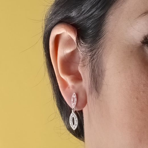 18K Pendientes Dos Cuerpos Oro Blanco Juego Novia Circonita 25X6 Mm Presion