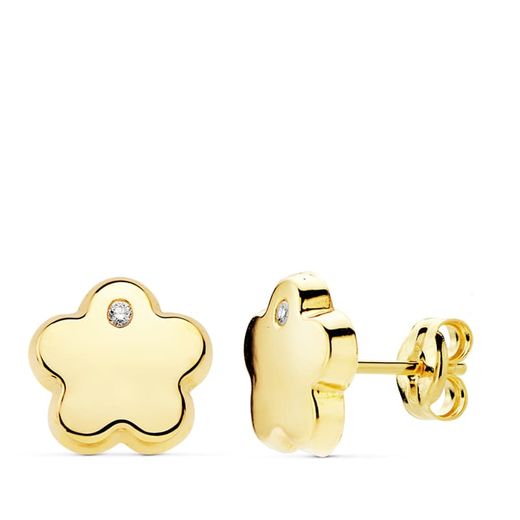18K Pendientes Flor Circonita Oro Amarillo 9 Mm Cierre Presion