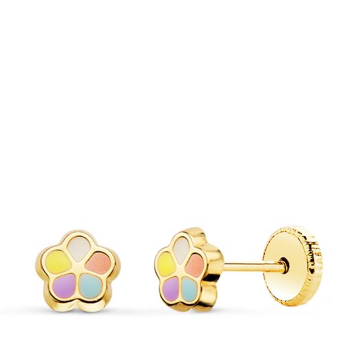 18K Pendientes Flor Esmalte 5Mm Cierre Tuerca