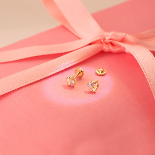 18K Pendientes Flor Esmalte 5Mm Cierre Tuerca