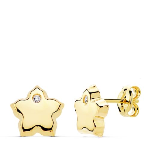 18K Pendientes Flor Oro Amarillo Circonita 7X7 Mm Cierre Presion