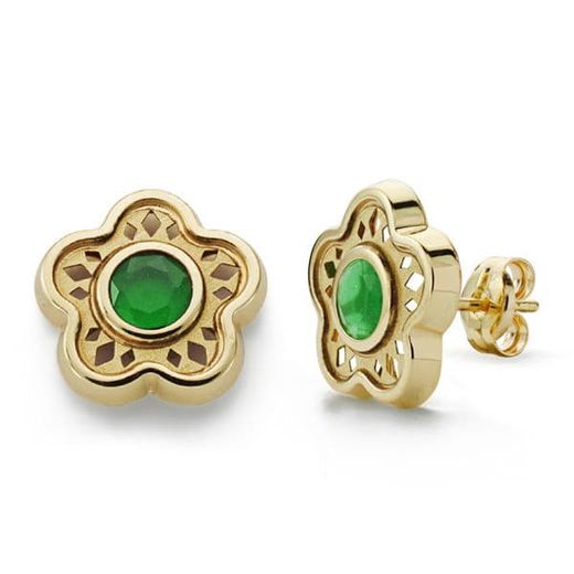 18K Pendientes Flor Piedra Color Verde Oro Amarillo 11 Mm Cierre Presion