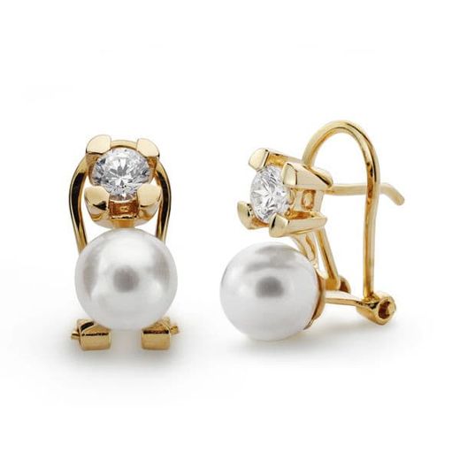 18K Pendientes Garra Perla Cultivada Oro Amarillo 7-7.5 Mm Cierre Omega
