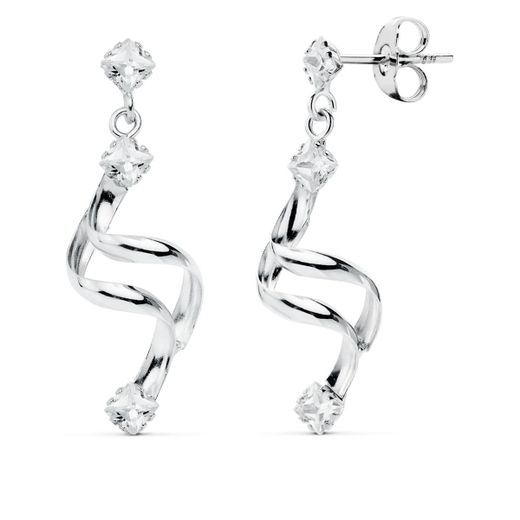 18K Pendientes Largos Oro Blanco Circonita Cierre Presion