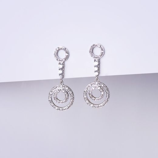 18K Pendientes Largos Oro Blanco Circonita Cierre Presion