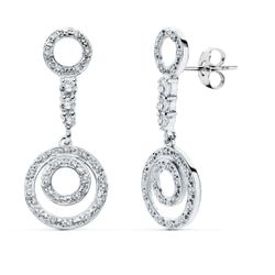 18K Pendientes Largos Oro Blanco Circonita Cierre Presion