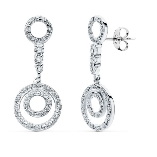 18K Pendientes Largos Oro Blanco Circonita Cierre Presion