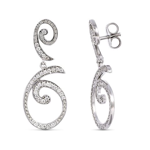18K Pendientes Largos Oro Blanco Con Circonita 35X14 Mm Cierre Presion