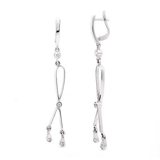 18K Pendientes Largos Oro Blanco Con Circonita 60X7 Mm Cierre Catalan