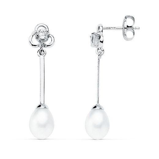 18K Pendientes Largos Oro Blanco Perla 27X6 Mm Cierre Presion
