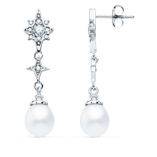 18K Pendientes Largos Oro Blanco Perla Y Circonita 35X8 Mm Cierre Presion