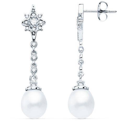 18K Pendientes Largos Oro Blanco Perla Y Circonita 37X7 Mm Cierre Presion