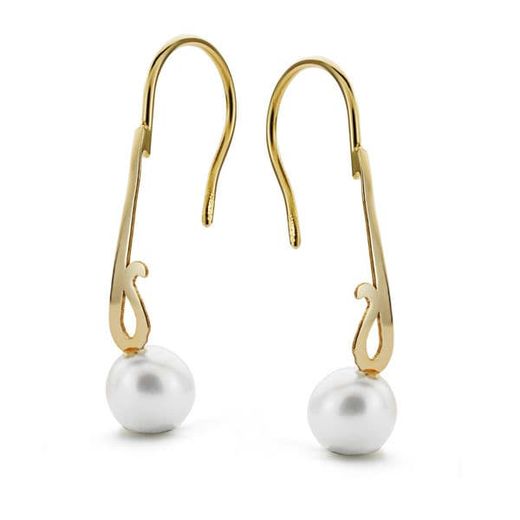 18K Pendientes Largos Perla Oro Amarillo 25X6 Mm Cierre Gancho