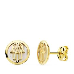 18K Pendientes Mano De Fatima Oro Amarillo 8 Mm Cierre Presion