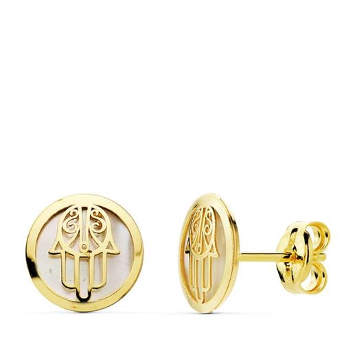 18K Pendientes Mano De Fatima Oro Amarillo 8 Mm Cierre Presion