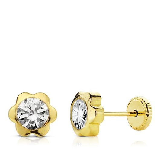 18K Pendientes Margarita 7Mm Circonita Oro Amarillo Tuerca