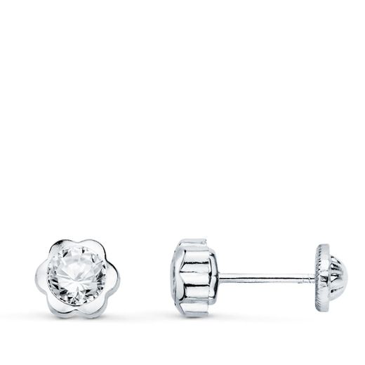 18K Pendientes Margarita 7Mm Circonita Oro Blanco Cierre Tuerca
