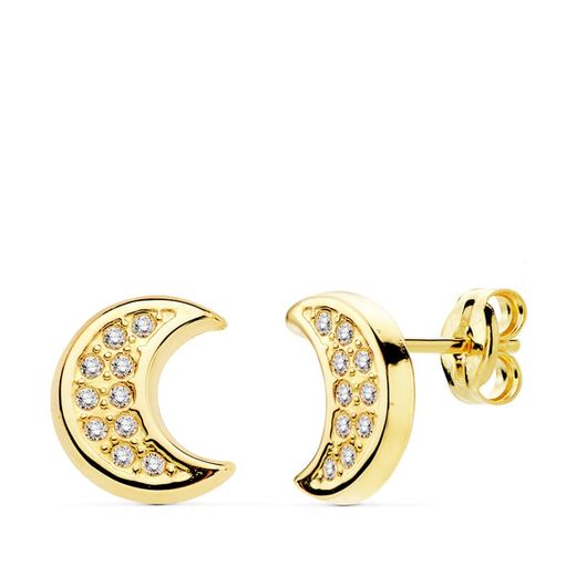 18K Pendientes Media Luna Oro Amarilo Circonita 9 X 8 Mm Cierre Presion