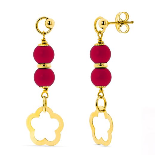 18K Pendientes Oro Amarillo 2 Bolas Coralina 6 Mm Flor Cierre Presión