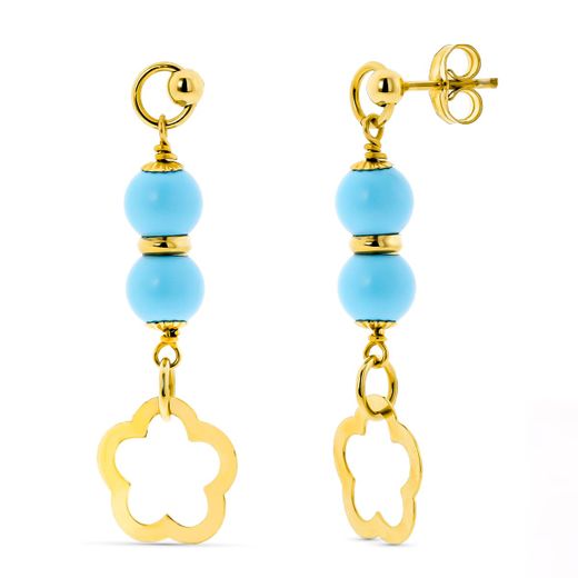 18K Pendientes Oro Amarillo 2 Bolas Turquesa 6 Mm Flor Cierre Presión