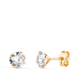 18K Pendientes Oro Amarillo 4 Garras Con Circonita. Ancho: 5 Mm Cierre Presion