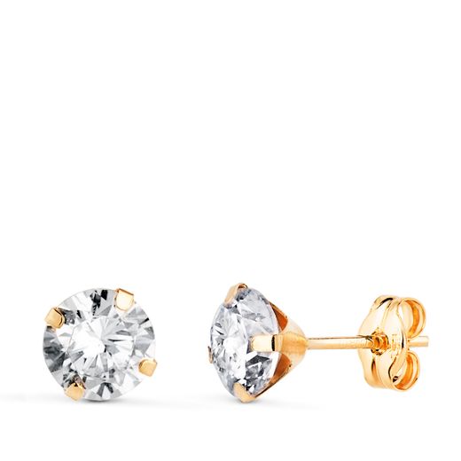 18K Pendientes Oro Amarillo 4 Garras Con Circonita. Ancho: 6 Mm Cierre Presion