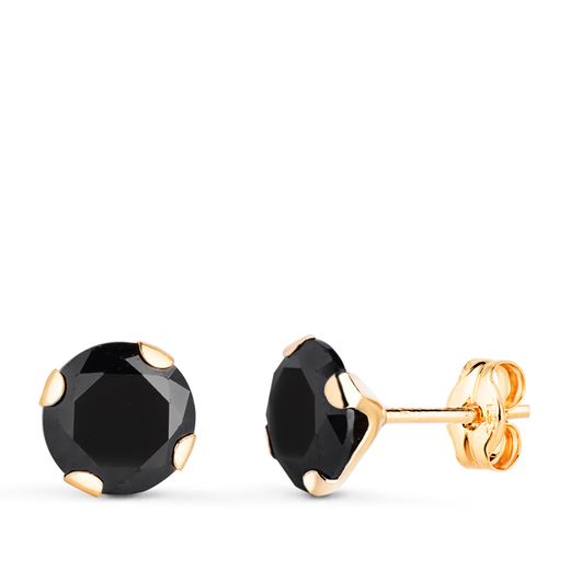 18K Pendientes Oro Amarillo 4 Garras Con Circonita Negra. Ancho: 7 Mm Cierre Presion