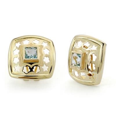 18K Pendientes Oro Amarillo Agua Marina 5Mm Calado Cierre Omega