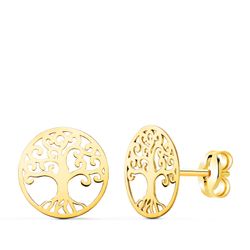 18K Pendientes Oro Amarillo Arbol De La Vida En Brillo Calados 10 Mm. Cierre Presion