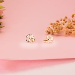 18K Pendientes Oro Amarillo Arbol De La Vida En Brillo Calados 10 Mm. Cierre Presion