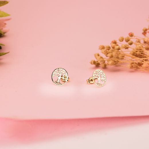 18K Pendientes Oro Amarillo Arbol De La Vida En Brillo Calados 10 Mm. Cierre Presion