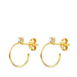 18K Pendientes Oro Amarillo Aros Abiertos Hilo Fino 0,5Mm Con Circonita 14 Mm. Cierre Presion