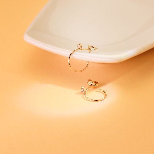 18K Pendientes Oro Amarillo Aros Abiertos Hilo Fino 0,5Mm Con Circonita 14 Mm. Cierre Presion