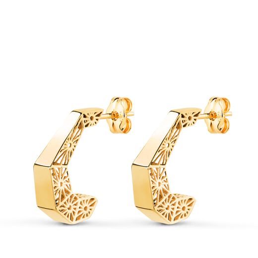 18K Pendientes Oro Amarillo Aros Huecos Diseño Calado. Medida: 14 X 3,5 Mm. Cierre Presion