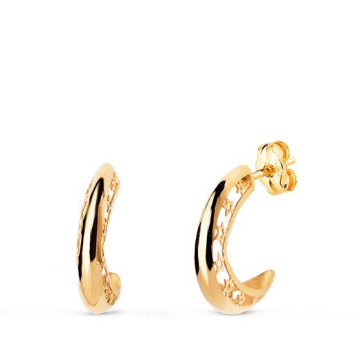 18K Pendientes Oro Amarillo Aros Huecosestrellas Caladas. Medida: 12 X 3 Mm. Cierre Presion